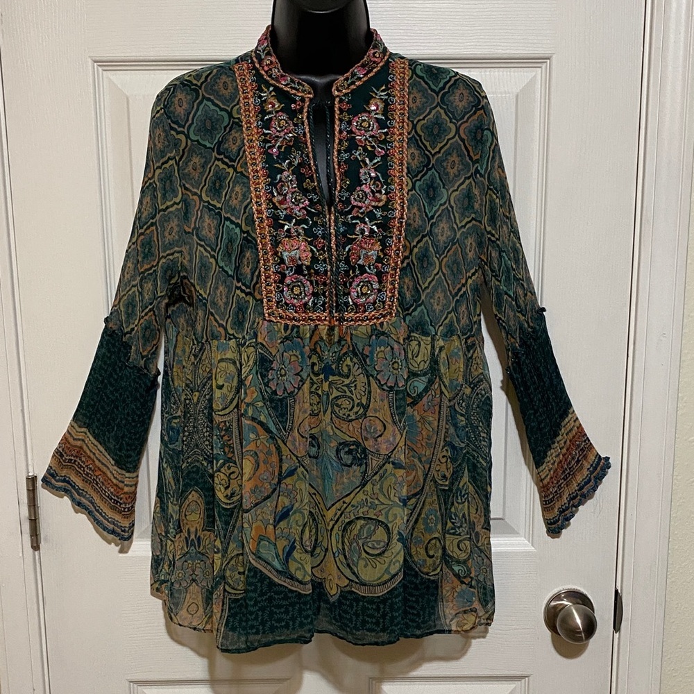 Soft Surroundings Embroidered/Beaded Emerald Shira Peasant Top- Petite Medium